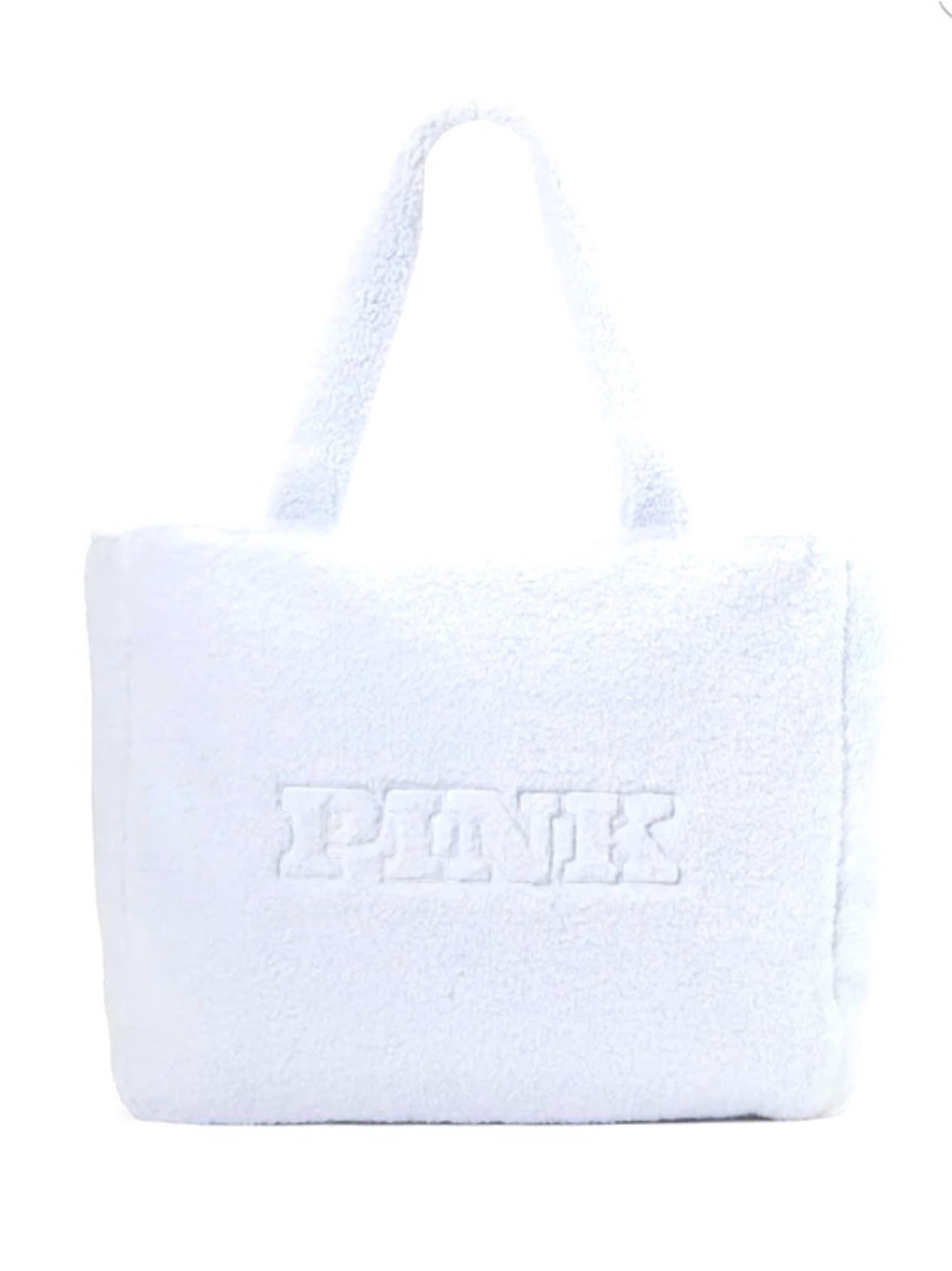 PINK Victoria's Secret White Plush Embossed Logo Tote